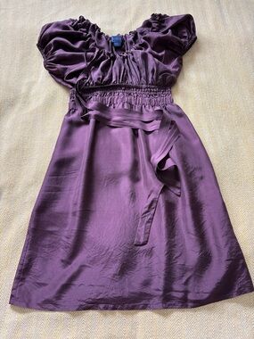 Suzabelle Silk Dress – Aubergine – XS (Fits XS–S/M) – Ruched Romantic Fit